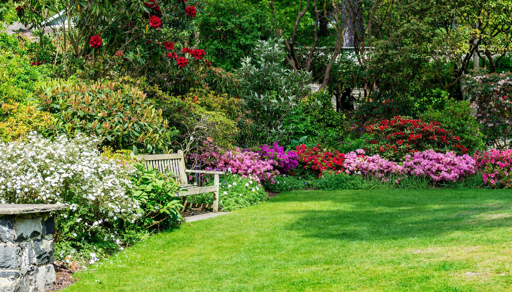 Parkbänke stehen vor einer üppigen Blumenkulisse mit Bäumen im Hintergrund